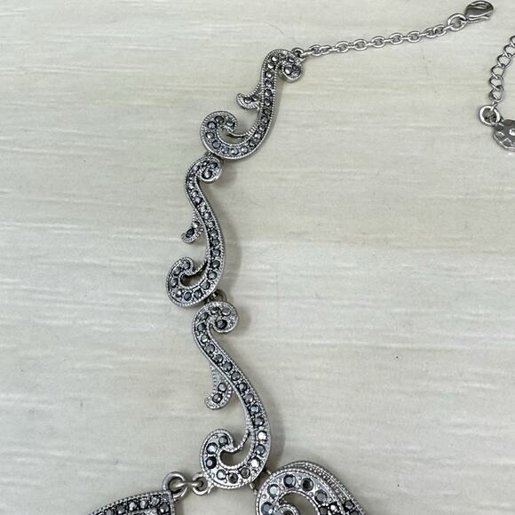 Vintage Monet Silver Tone Marcasite and Rhinestone Scroll Statement Necklace - Picture 7 of 10